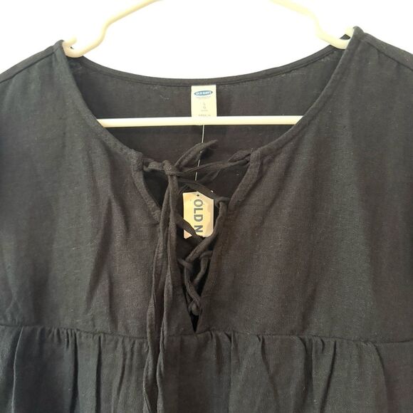NWT Old Navy Womens L Petite Black Dress Linen Mix Eyelet Cap Sleeves - Picture 3 of 8